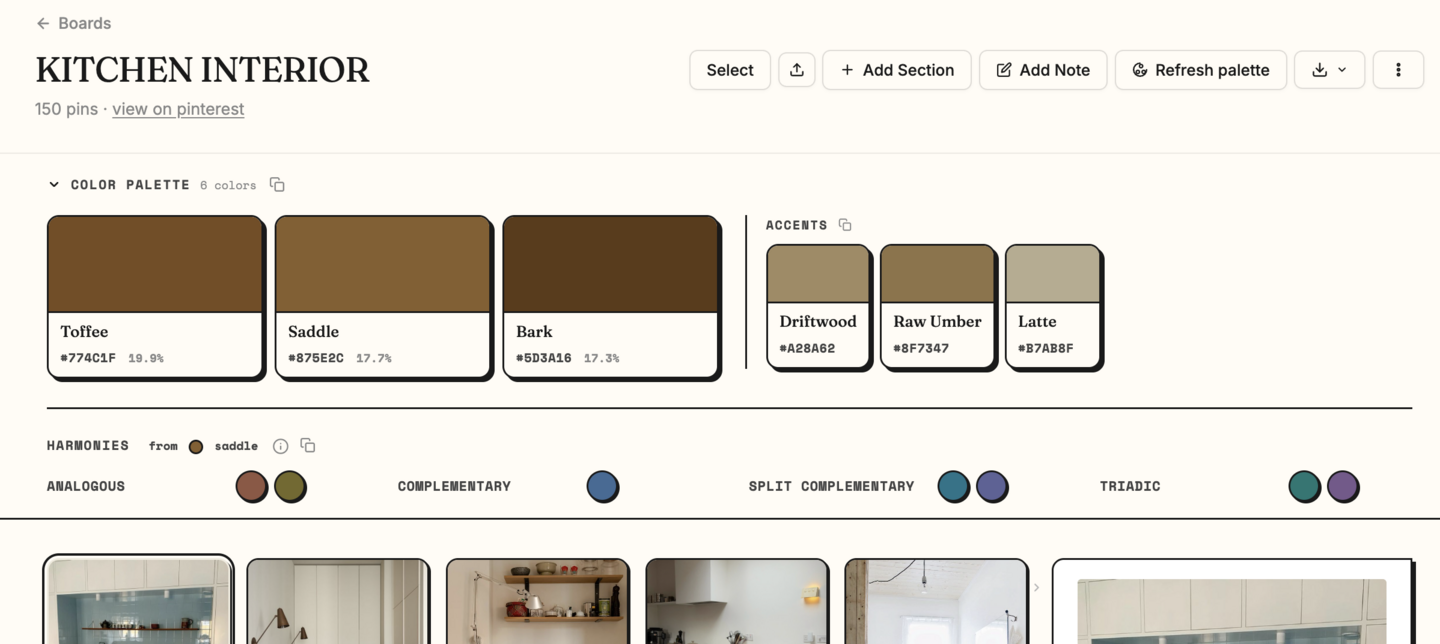 Close-up of extracted color palette chips showing Toffee, Saddle, Bark with accent colors and harmony options