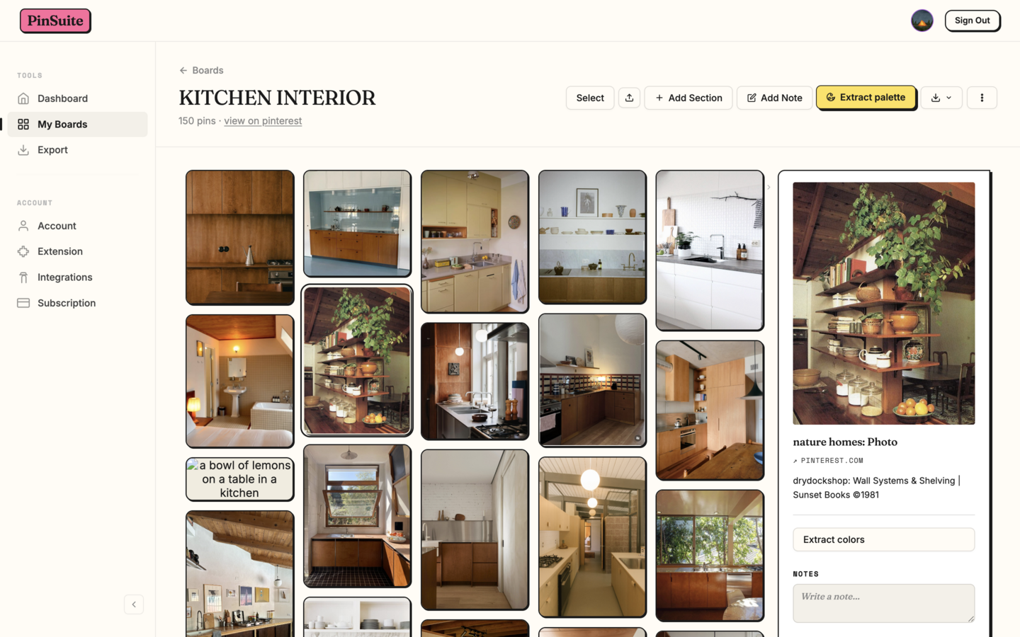 A Pinterest board open in PinSuite with the Extract Palette button highlighted