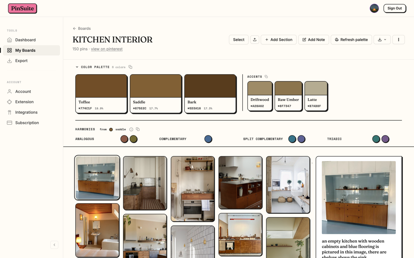 Full board view with extracted color palette panel showing primary and accent colors