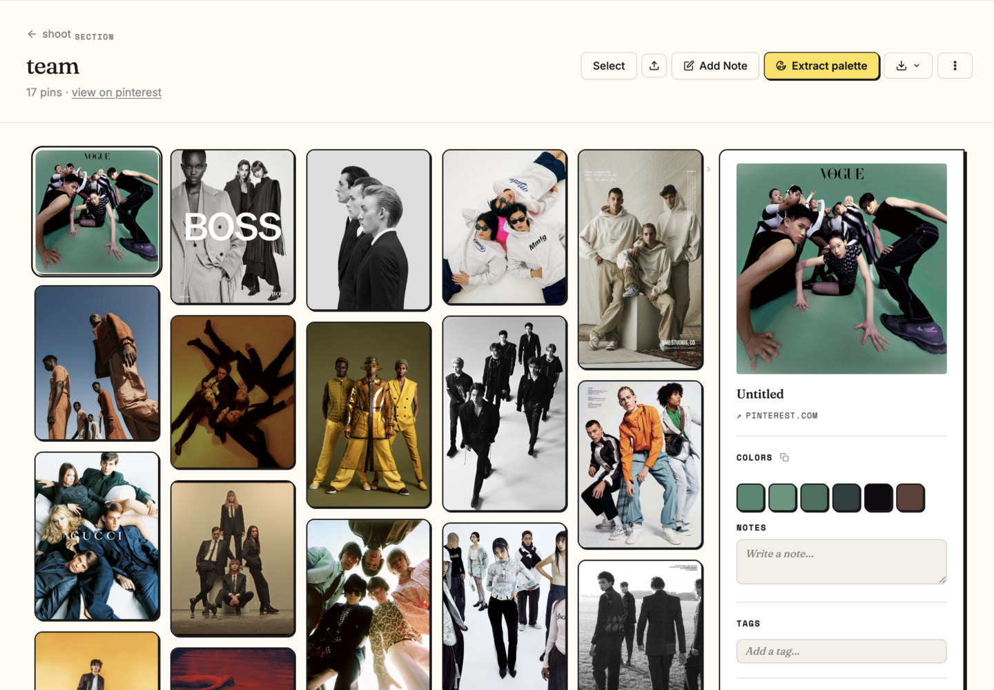 An imported Pinterest board in PinSuite showing masonry grid with detail panel