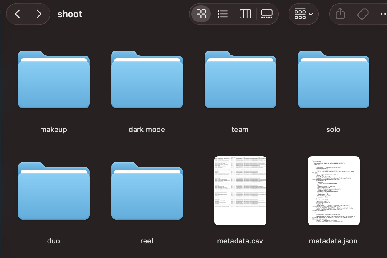 Downloaded ZIP file showing section folders and metadata.csv and metadata.json files