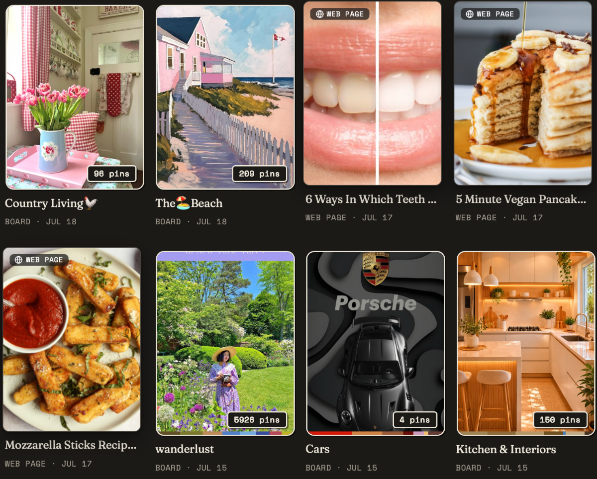 The Recent tab of a PinSuite library: saved pins and boards including Country Living, The Beach, and wanderlust with 5,926 pins