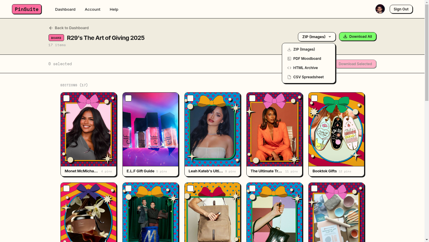 Export format dropdown showing ZIP, PDF Moodboard, HTML Archive, and CSV Spreadsheet options