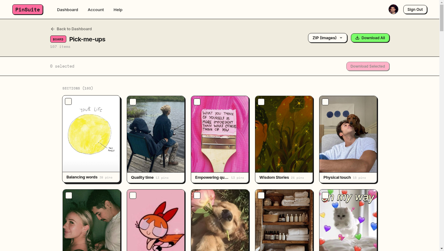 Pick-me-ups board with 2,284 pins and 103 sections fully backed up in PinSuite