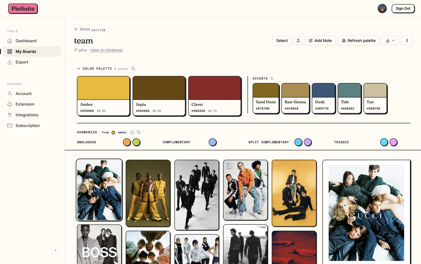 Extracted color palette showing Amber, Sepia, Claret as primaries with Sand Dune, Raw Sienna, Dusk accent colors and harmony options