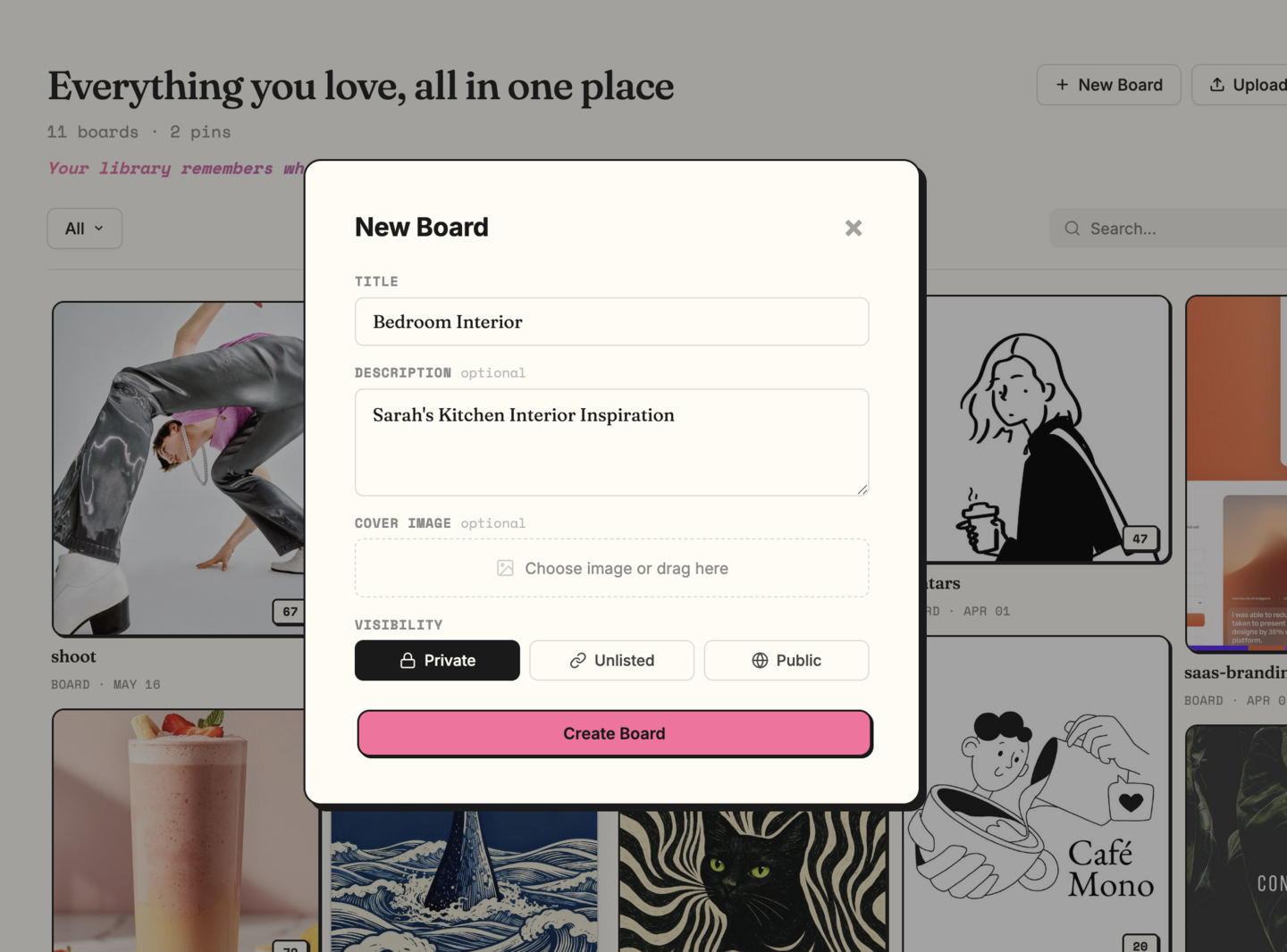 New Board modal with title, description, cover image, and visibility options