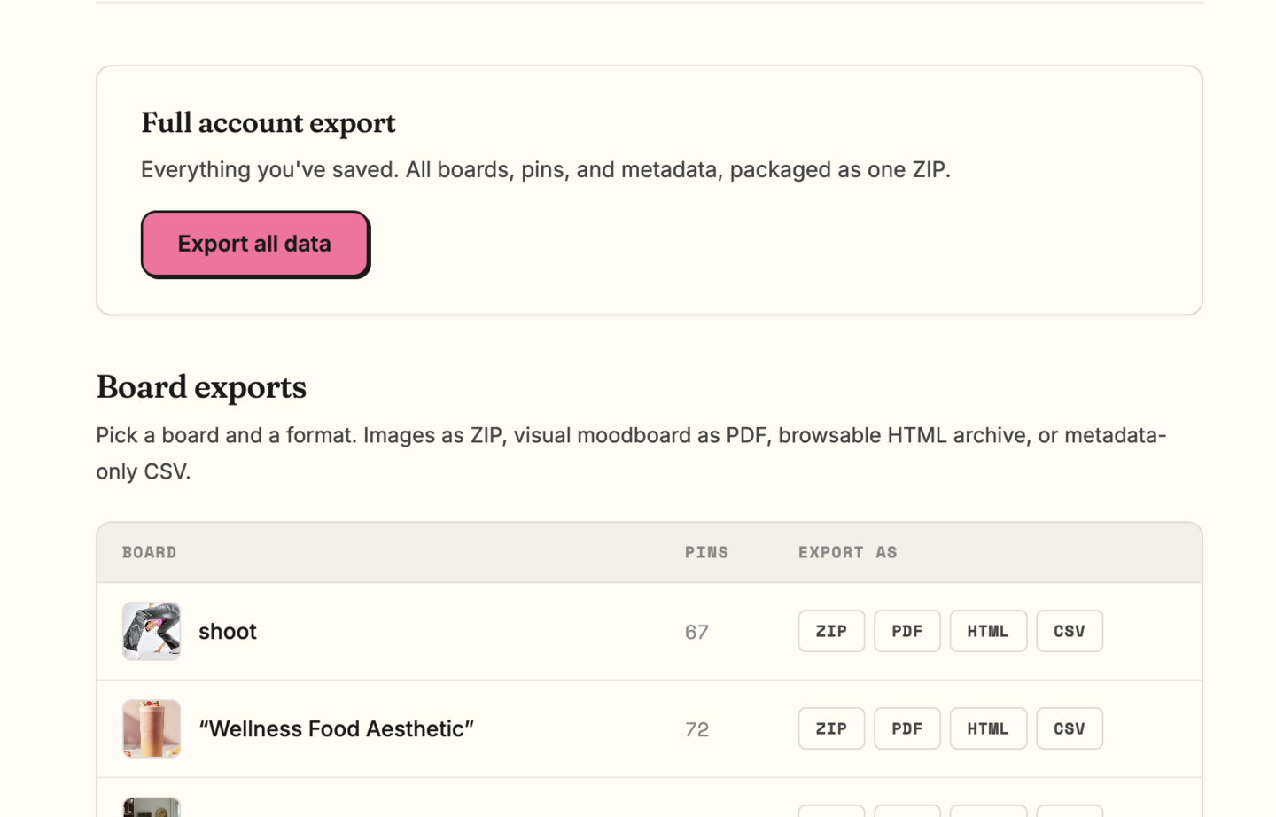Export page showing full account export and per-board export options in ZIP, PDF, HTML, and CSV formats