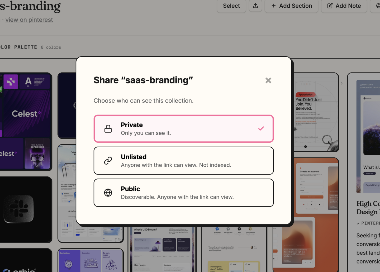 Share modal with Private, Unlisted, and Public visibility options