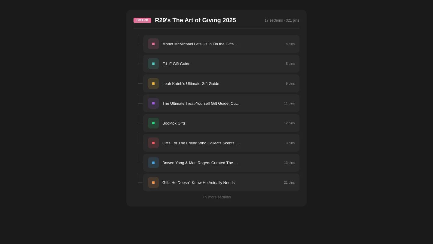 Board with 17 sections preserved in their original Pinterest hierarchy